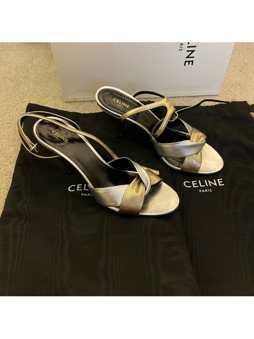 Celine Two-Tone Metallic Gold and Silver Slingback Heels